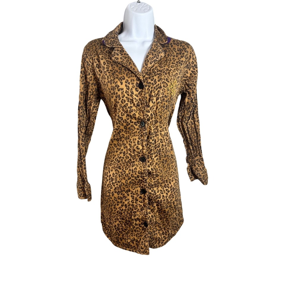 Lauren Ralph Lauren Women Leopard Print Cotton Sleep Shirt Brown Tan Small